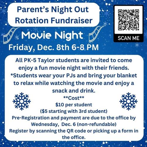  Parent's Night out! Rotation class fundraiser - Dec. 8th 6:00-8:00PM